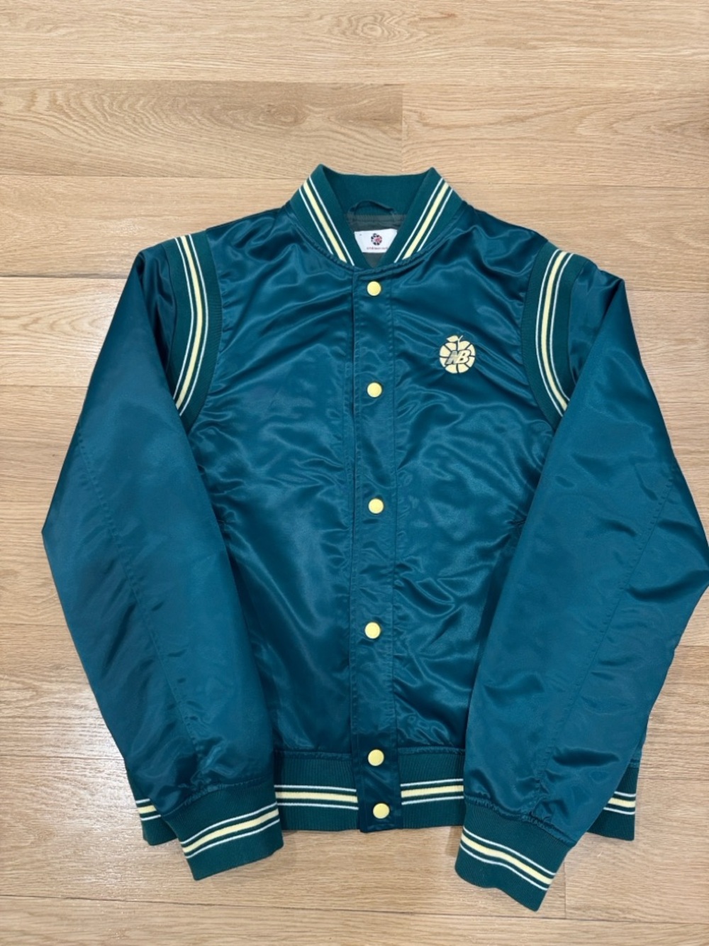 Aime Leon Dore Teal Green Satin Bomber Jacket with Yellow Accents